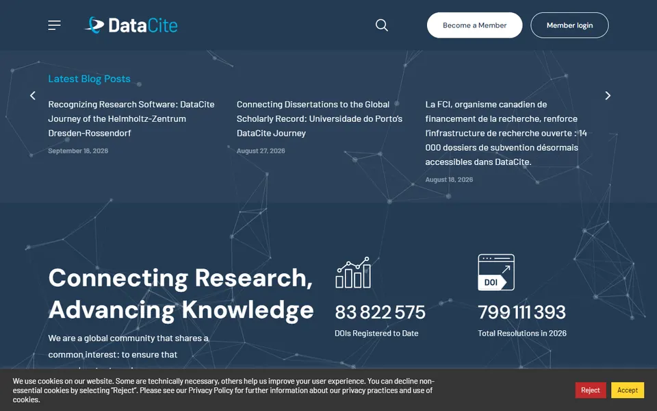 Aperçu de la page d’accueil de DataCite