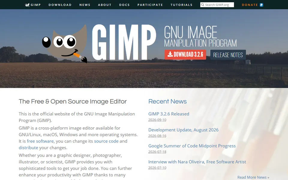Aperçu de la page d’accueil de GIMP