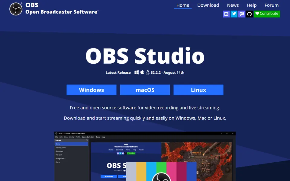 Aperçu de la page d’accueil de OBS Studio