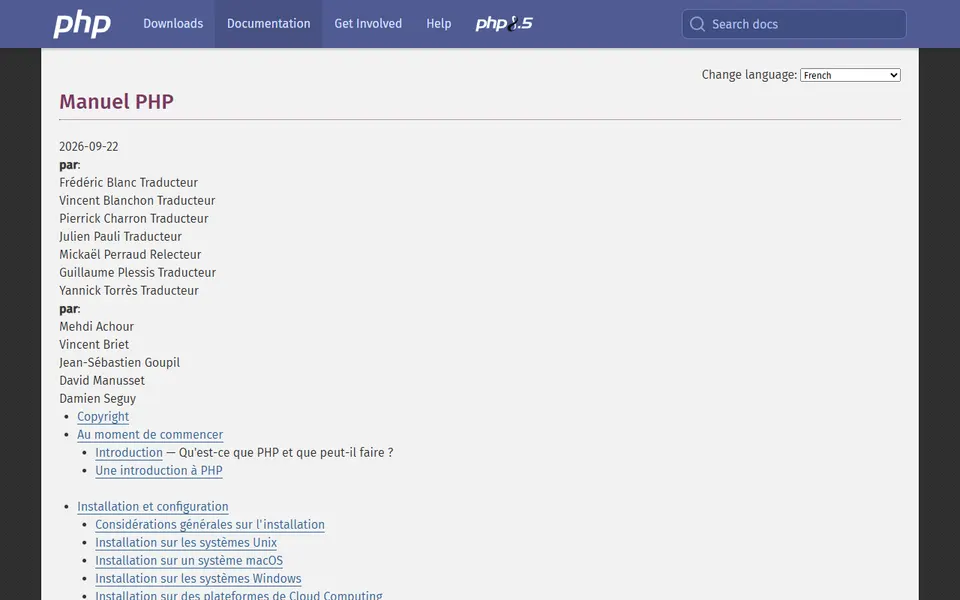 Aperçu de la page d’accueil de Manuel PHP