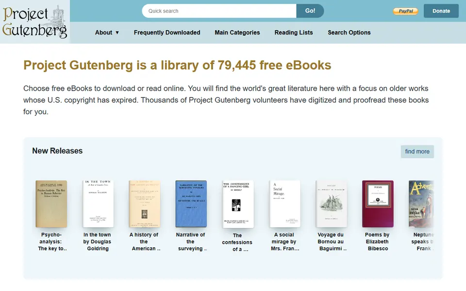 Aperçu de la page d’accueil de Project Gutenberg