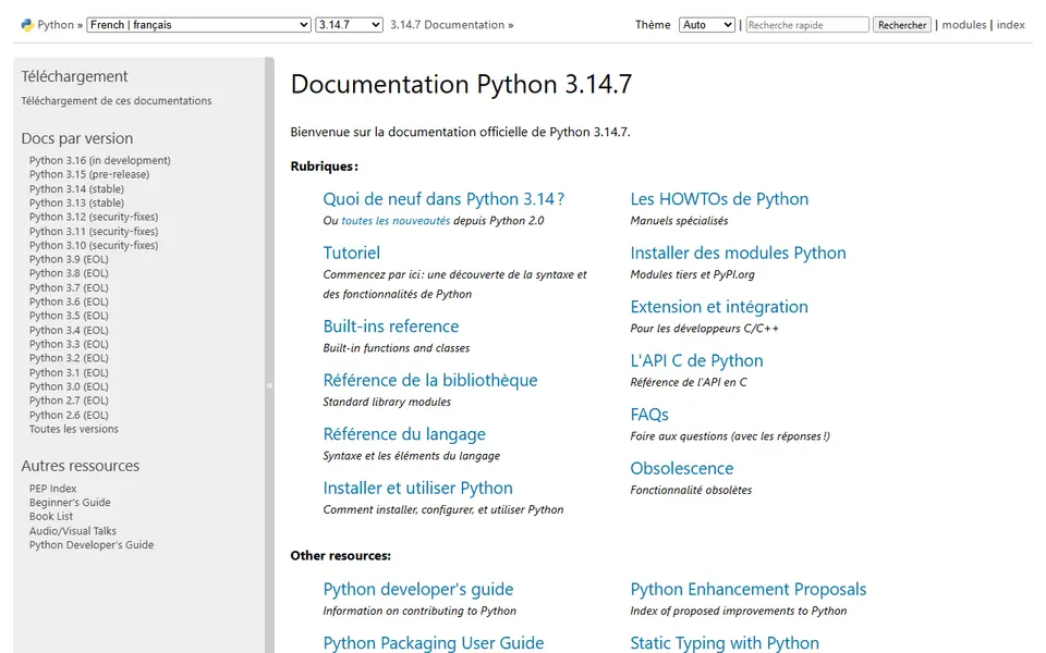 Aperçu de la page d’accueil de Documentation Python