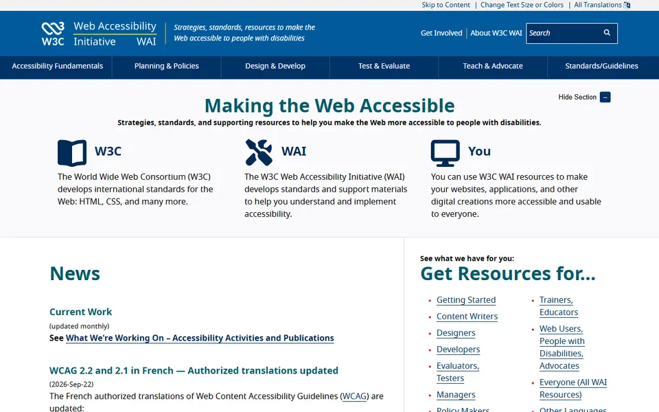 Aperçu de la page d’accueil de W3C Web Accessibility Initiative