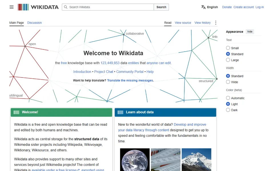 Aperçu de la page d’accueil de Wikidata